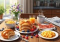 Pancakes with butter, surrounded by fresh strawberries, blueberries Royalty Free Stock Photo
