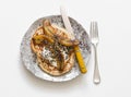 Pancakes with caramelized bananas and seeds on a white background, top view. Delicious breakfast, snack, dessert Royalty Free Stock Photo