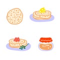 Pancakes with caviar, butter and jam vector elements collection. Perfect for logo, menu, stickers and print. Hand drawn