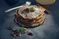 Pancakes with cheese, apple, vanilla, cinnamon, and dried fruits Royalty Free Stock Photo