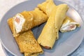 Pancakes with cheese curds and salted salmon on the table. Royalty Free Stock Photo