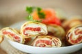 Pancakes with cheese curds and salted salmon Royalty Free Stock Photo