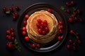 pancakes with cherries on a black plate