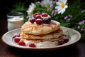 Pancakes with cherries and cottage cheese on the table. Healthy breakfast. Cherry on pancakes. AI-generated content Royalty Free Stock Photo