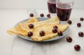 Top view of plate with pancakes and glasses with juice