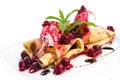 Pancakes with cherry, sauce and ice cream Royalty Free Stock Photo