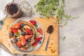 Pancakes with chocolate paste and hazelnuts, banana, strawberry and blueberry Royalty Free Stock Photo