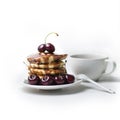 Pancakes with chocolate sauce and fresh cherries on a plate. Combined with coffee. Traditional breakfast