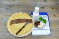 Pancakes, chocolate spread and milk