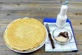 Pancakes, chocolate spread and milk