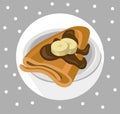 Pancakes chocolate syrop and banana flavor Vector icon template retro style dotted background