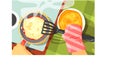 Pancakes Cooking Color Illustrations.Hands Working On Food Preparation View From Above Drawing