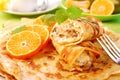 Pancakes with with cottage cheese and orange Royalty Free Stock Photo