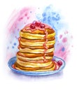 Pancakes with cranberries, traditional American breakfast, watercolor painting Royalty Free Stock Photo