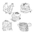 Pancakes and crepes set. Vector sketch.