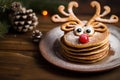 Pancakes decorated to look as a reindeer. Christmas dessert for children. Generative Ai Royalty Free Stock Photo