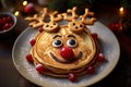 Pancakes decorated to look as a reindeer. Christmas dessert for children. Generative Ai Royalty Free Stock Photo