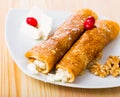 Pancakes with filling from brynza and walnuts, bulgarian dish palachinki Royalty Free Stock Photo