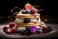 Pancakes with fresh berries on a black background. Toned, Indulge in the dessert\'s exquisite details with macro photography.