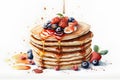 Pancakes with fresh berries and maple syrup. Watercolor illustration Royalty Free Stock Photo