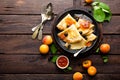 Pancakes with fresh blackcurrant and apricot jam Royalty Free Stock Photo