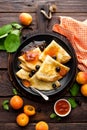 Pancakes with fresh blackcurrant and apricot jam Royalty Free Stock Photo