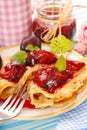 Pancakes with fresh plum`s confiture