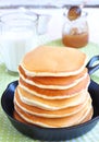 Pancakes with fresh strawberry in a small pan Royalty Free Stock Photo