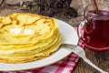 Pancakes and fruit tea with cinnamon Royalty Free Stock Photo