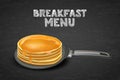 Pancakes with honey or maple syrup on pan, vector illustration. Design for breakfast dessert menu, cafe, restaurant.