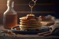 Pancakes with honey and maple syrup on a wooden background. Royalty Free Stock Photo