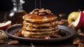 Pancakes with honey and pecan nuts on a dark wooden background Generative AI