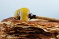 Pancakes with honney on wooden table Royalty Free Stock Photo