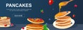 Pancakes horizontal web banner. Sweet pancakes with honey or syrup, bananas and berries for breakfast or delicious cafe menu.