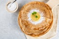 Pancakes with lemon and sugar. Traditional for Shrove Tuesday. Pancake day. Pancakes with lemon juice and powdered sugar Royalty Free Stock Photo