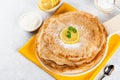 Pancakes with lemon and sugar. Traditional for Shrove Tuesday. Pancake day. Pancakes with lemon juice and powdered sugar Royalty Free Stock Photo