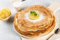 Pancakes with lemon and sugar. Traditional for Shrove Tuesday. Pancake day. Pancakes with lemon juice and powdered sugar Royalty Free Stock Photo