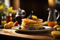 Pancakes with Maple Syrup and Fresh Fruits. American Breakfast