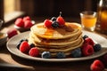 Pancakes with Maple Syrup and Fresh Fruits. American Breakfast