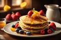 Pancakes with Maple Syrup and Fresh Fruits. American Breakfast