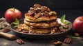 Pancakes with maple syrup, pecan nuts and caramel on a dark background Generative AI