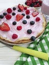 Pancakes morning berries, raspberries, cook healthy dish fruit cuisine nutrition blueberries, strawberry yogurt on a wooden