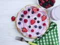 Pancakes morning berries, raspberries, cook healthy dish fruit cuisine nutrition blueberries, strawberry yogurt a wooden Royalty Free Stock Photo