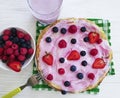 Pancakes morning berries, raspberries, energy healthy dish fruit cuisine nutrition blueberries, strawberry yogurt a wooden Royalty Free Stock Photo