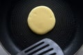 Pancakes onto the pan. Concept of Cooking ingredients and method on white marble background, Dessert recipes.