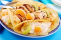 Pancakes with orange ,kiwi and cottage cheese Royalty Free Stock Photo