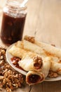 Pancakes with plums jam and walnuts filling Royalty Free Stock Photo