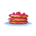 Pancakes with raspberries and jam realistic vector illustration