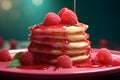 Pancakes with raspberries and jam on a pink plate with blurred background Royalty Free Stock Photo