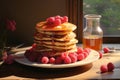 Pancakes with raspberries and sauce on a plate. Breakfast with pancakes